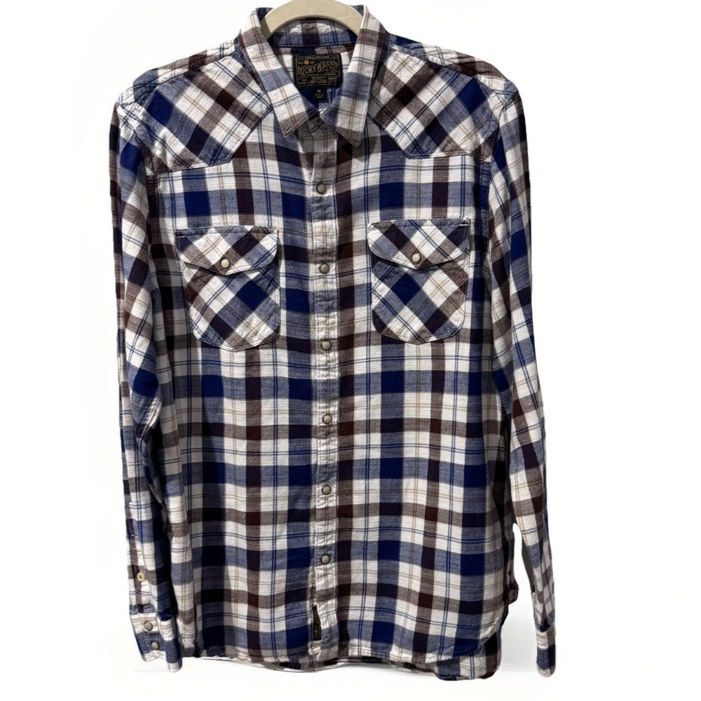 Lucky Brand Flannel Pearl‎ Snap Button Western Plaid Preppy Classic Sz Medium